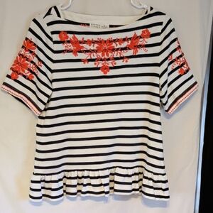 Kate Spade Black and White Striped Top with Floral Embroidery